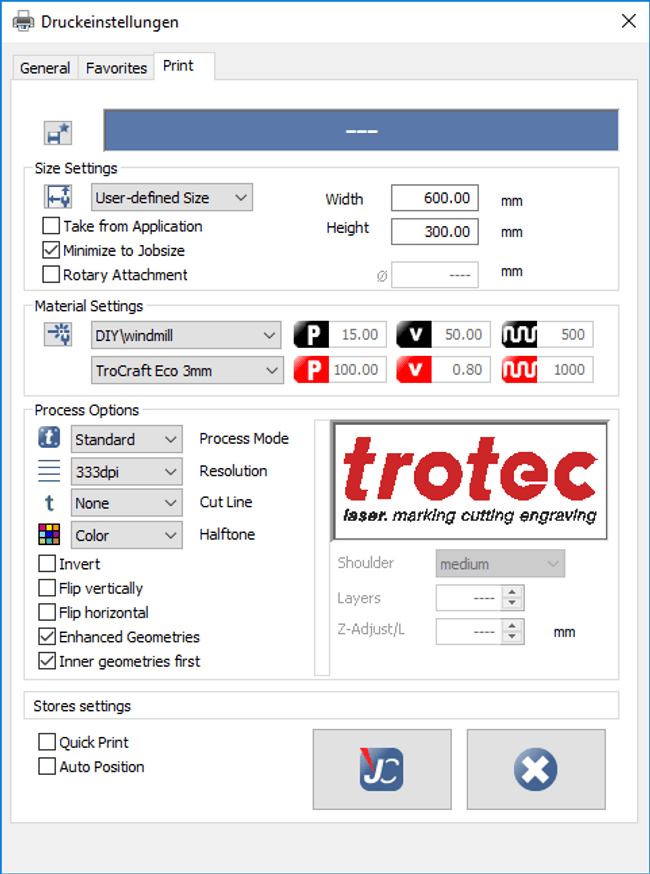 データ出力の印刷設定画面：TroCraft 3mm