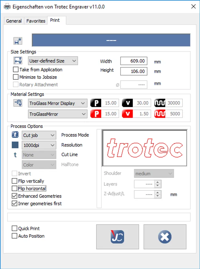 trotec print settings troglass mirror