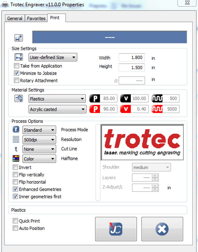 レーザー加工用ソフトウェアJobControlの印刷設定画面