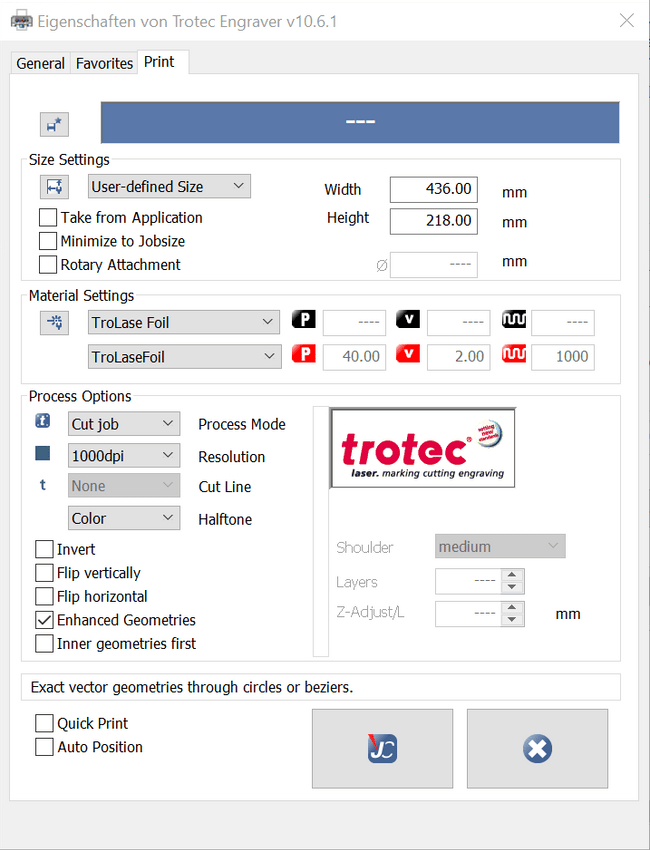 TroLaseFoil シールタイプ二層板の印刷設定データ出力画面