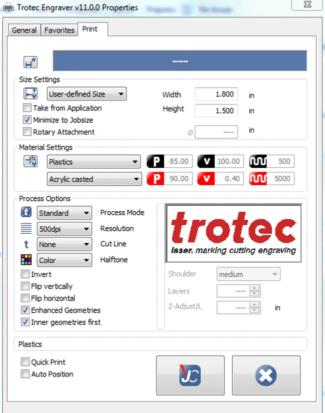 jobcontrol print settings acrylic