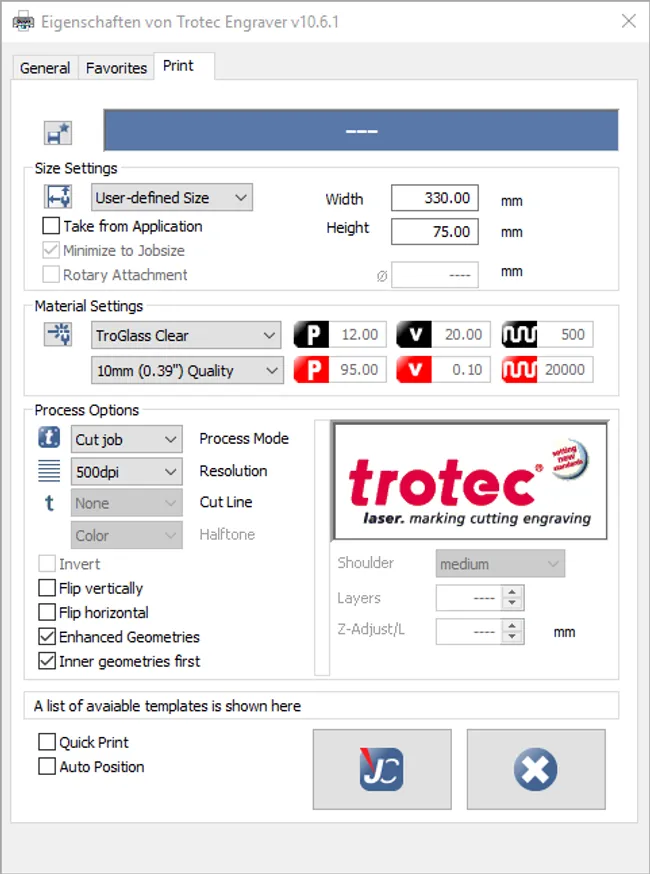 JobControl laser software settings for memory game