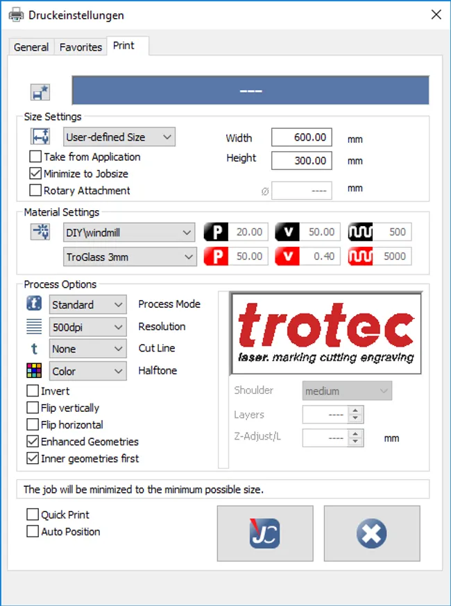 Ajustes de impresión Trotec TroGlass 3mm