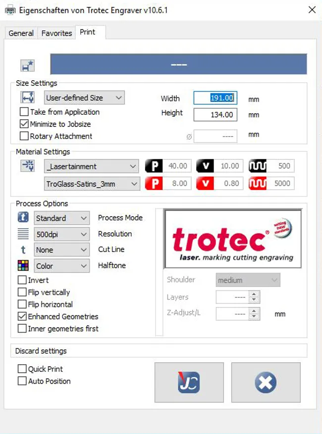 Druckereinstellungen TroGlass Satins