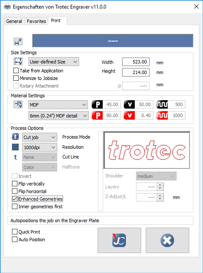 Trotec laser print settings: MDF 6mm