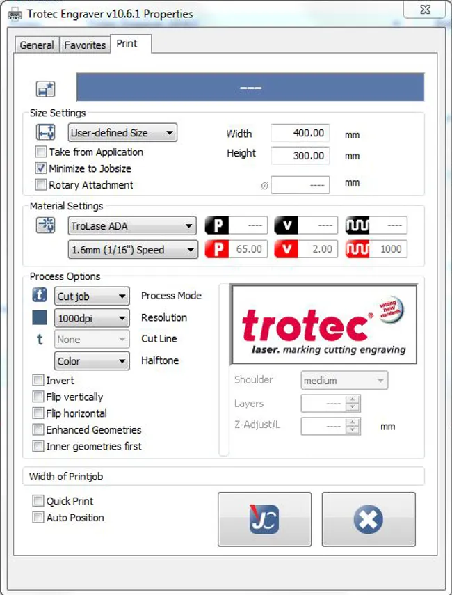 Print settings laser material ada