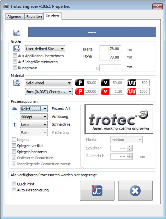 Print driver settings for hanging bars