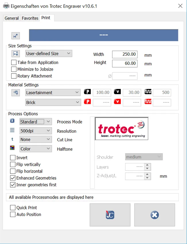 Laser software settings