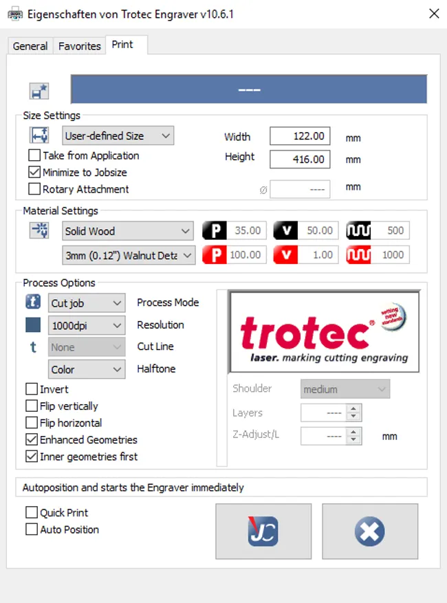 Printer settings for solid wood