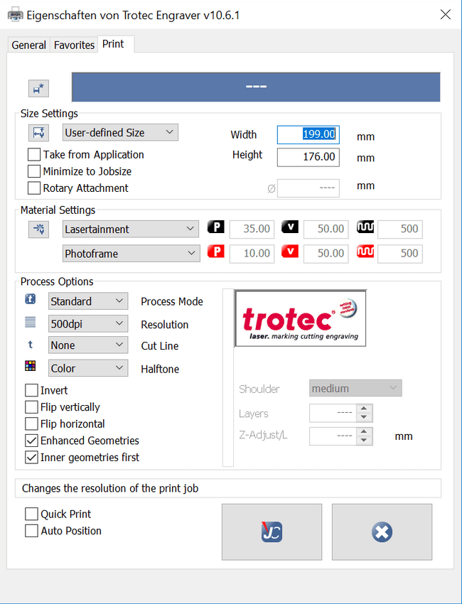 Trotec print settings for photo frame engraving