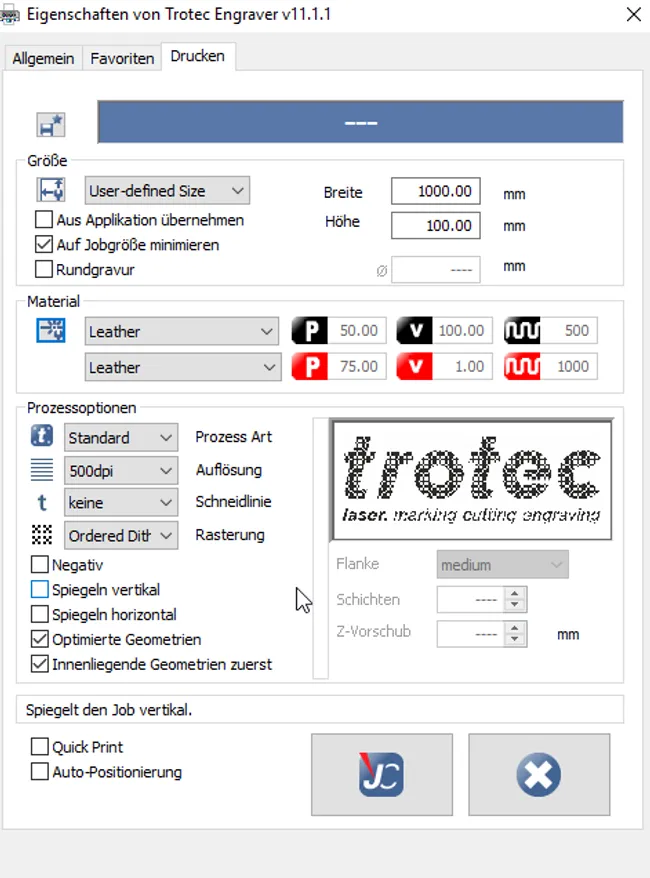 trotec print settings leatherbelt