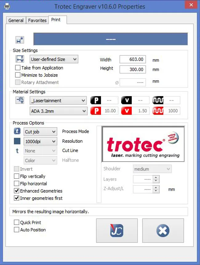 JobControl laser software settings