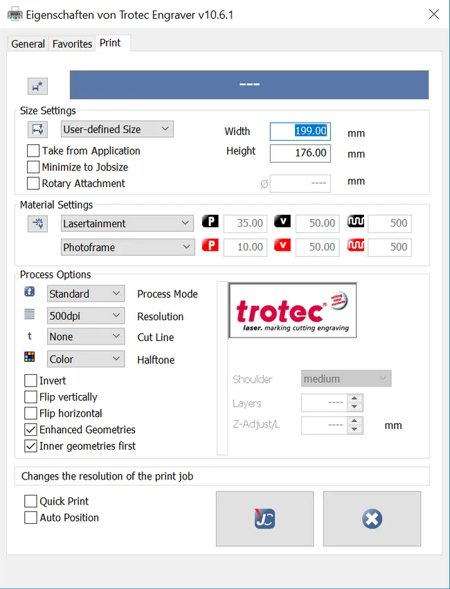 Trotec printinstellingen voor fotolijst graveren