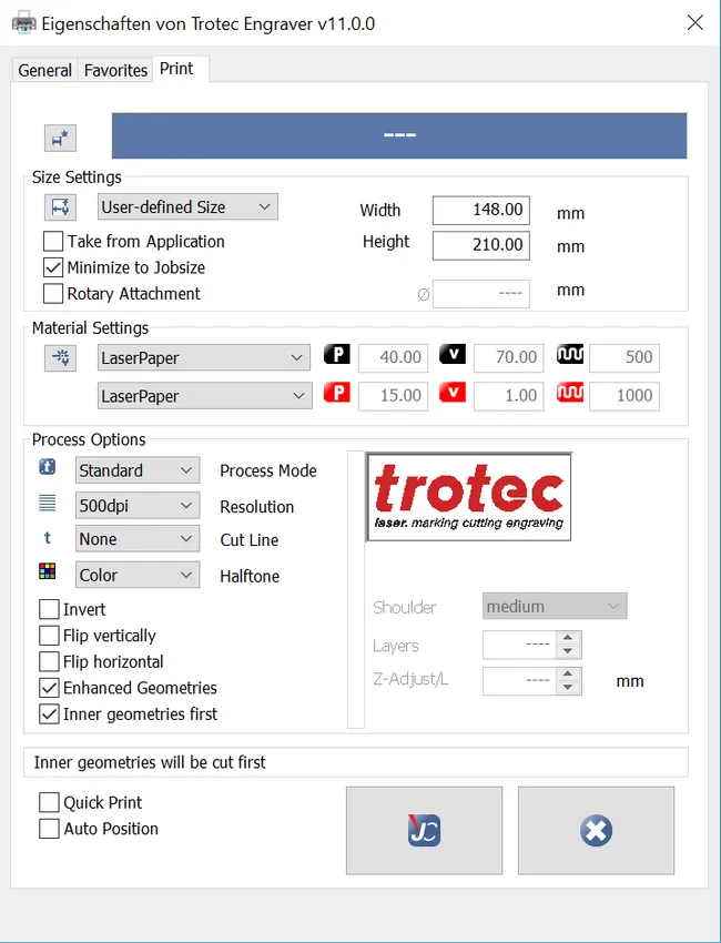 Trotec laser print settings: LaserPaper