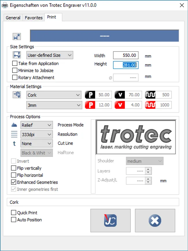 Trotec laser print settings: cork 6mm