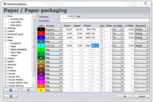 Base de datos de parámetros láser para papel